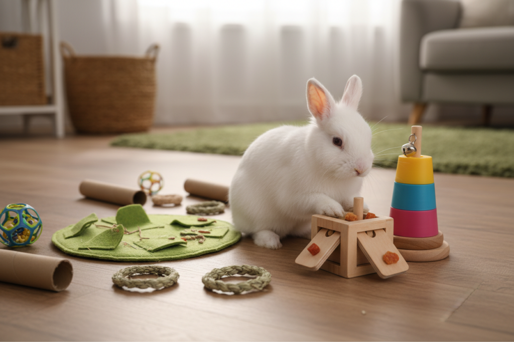 Un lapin blanc joue avec un puzzle en bois contenant des friandises sur un sol en bois entouré de divers jouets.