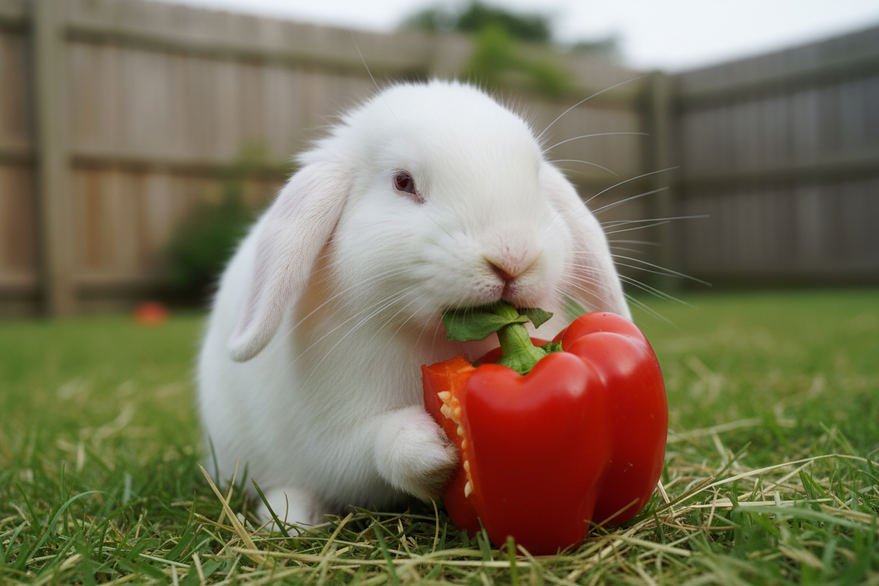 Un lapin blanc aux oreilles tombantes mange un poivron rouge dans un jardin.