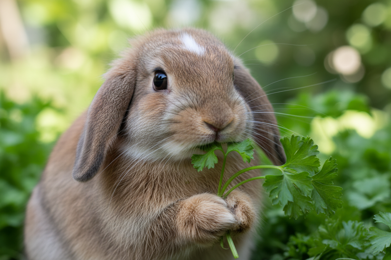 Un petit lapin brun aux oreilles tombantes mange une branche de persil frais dans un jardin.