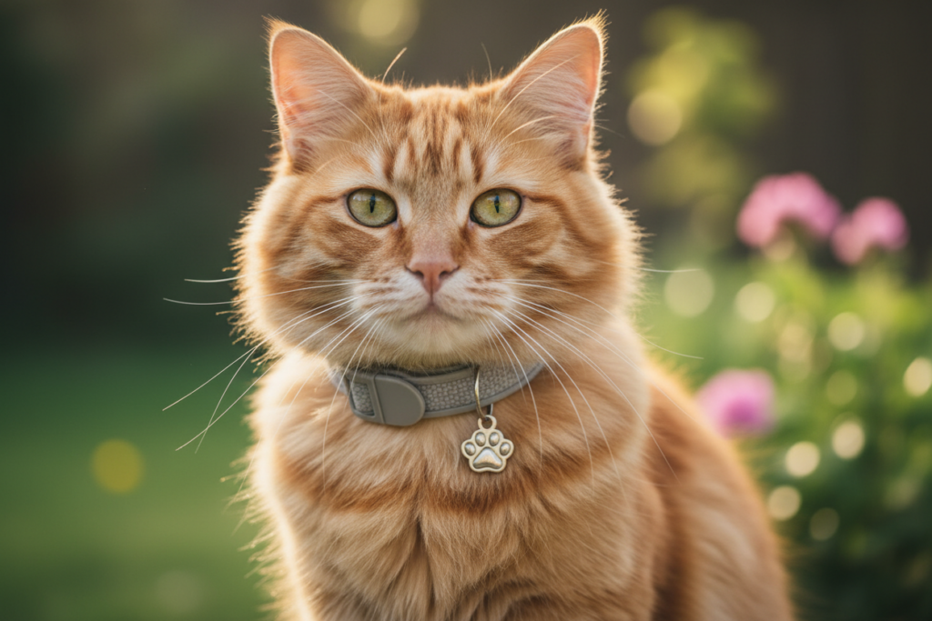 Un chat roux aux yeux verts porte un collier gris avec une médaille en forme de patte dans un jardin ensoleillé.