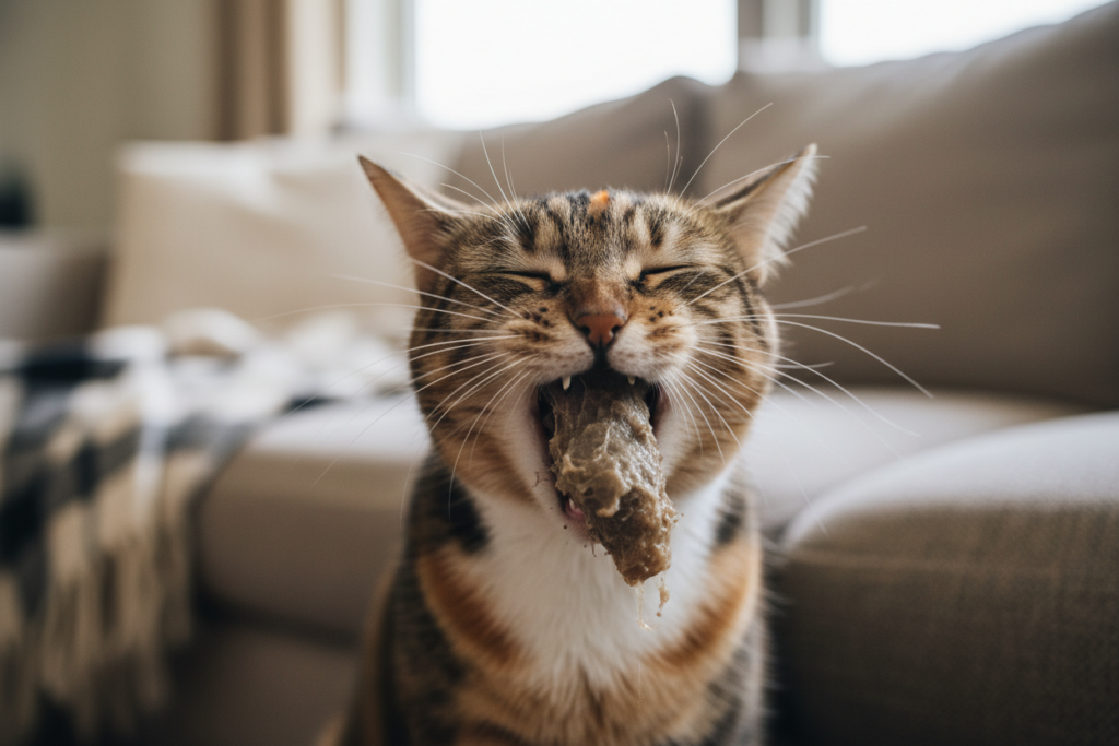 Un chat tigré aux yeux fermés mange un morceau de nourriture humide dans un salon.