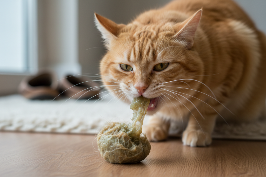 Un chat roux recrache une boule de poils sur un sol en bois.
