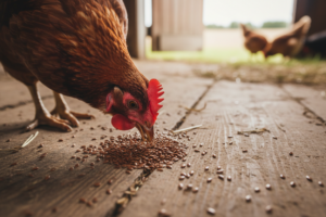 Une poule rousse picore des graines sur le sol en bois d'une grange.