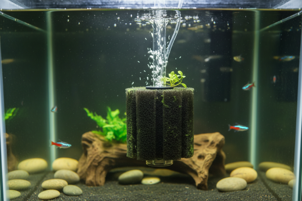 Un filtre éponge fonctionne au centre d'un aquarium peuplé de petits poissons néons.