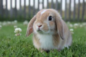 Un petit lapin bélier aux poils roux et blancs est assis dans l'herbe parsemée de trÚfles.