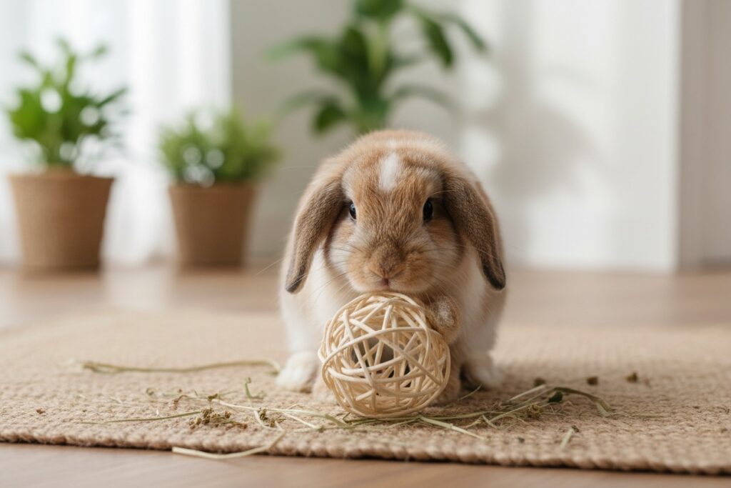 Un petit lapin bélier brun et blanc joue avec une balle en osier sur un tapis en fibres naturelles.