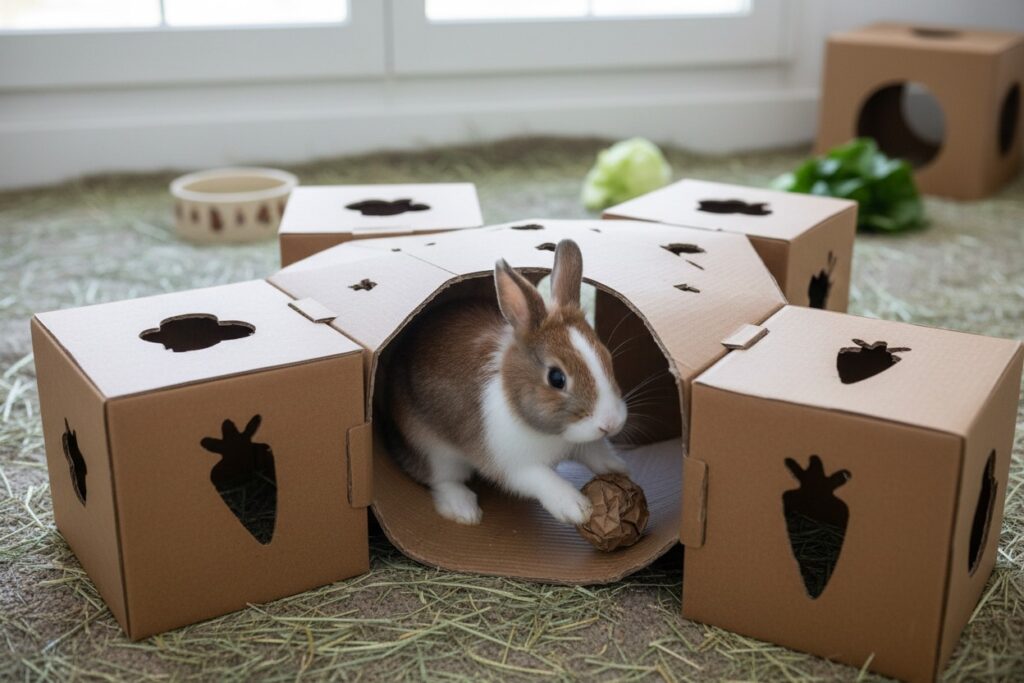 Un lapin brun et blanc joue avec une petite balle en papier à l'intérieur d'un tunnel en carton entouré de cubes percés.