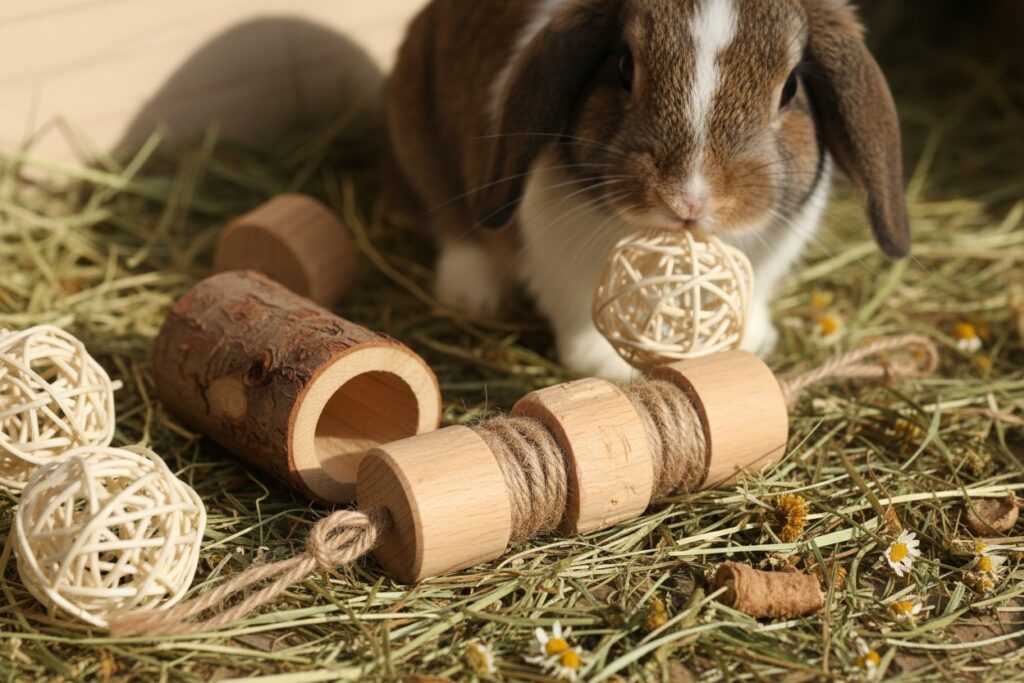 Un lapin bélier brun et blanc joue avec des jouets en bois et en osier posés sur un lit de foin.