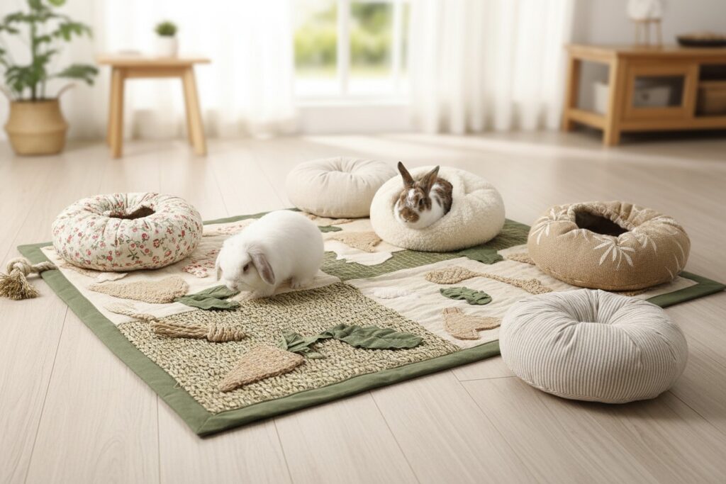 Deux lapins se reposent sur un tapis d'éveil texturé entouré de coussins ronds dans une piÚce lumineuse.