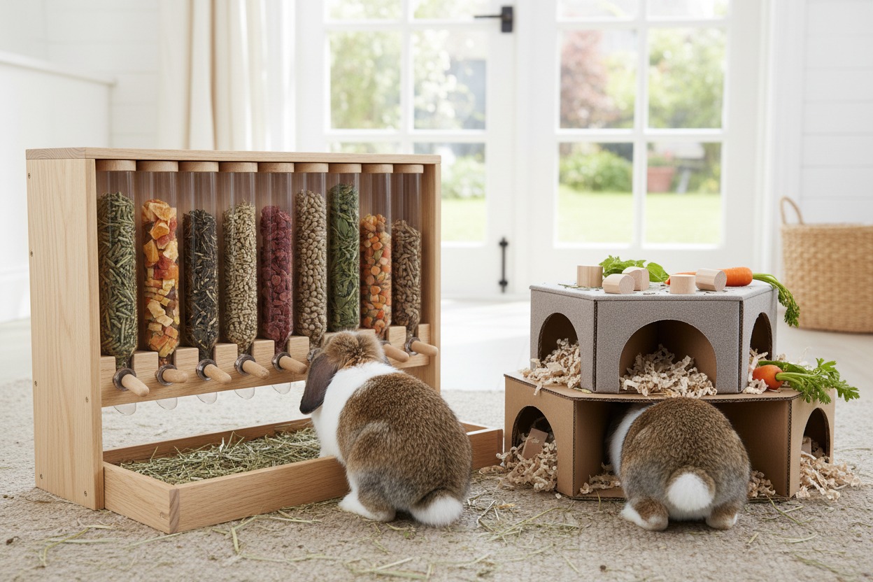 Deux lapins explorent un distributeur de nourriture en bois Ă plusieurs compartiments et une structure de jeu en carton sur un tapis.