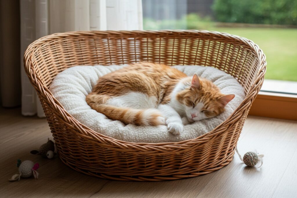 Un chat roux et blanc dort paisiblement dans un panier en osier garni d'un coussin moelleux.
