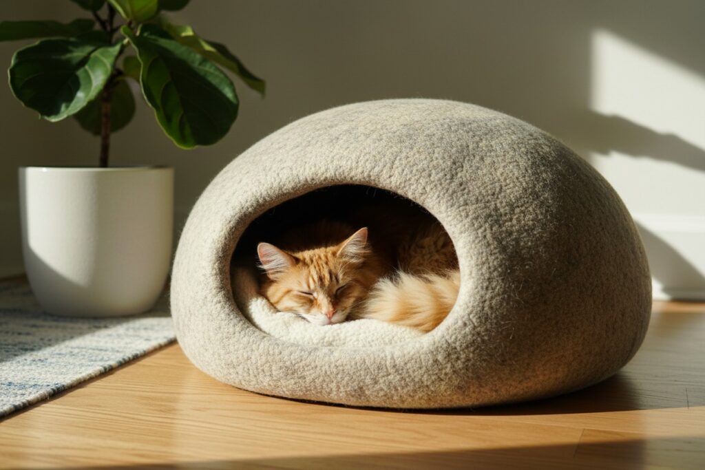 Un chat roux dort paisiblement à l'intérieur d'un panier en feutre beige posé sur un sol en bois près d'une plante verte.