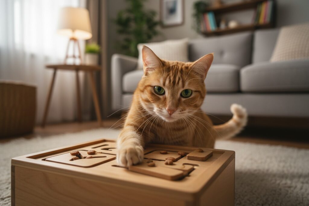 Un chat roux joue avec un puzzle en bois contenant des friandises dans un salon.