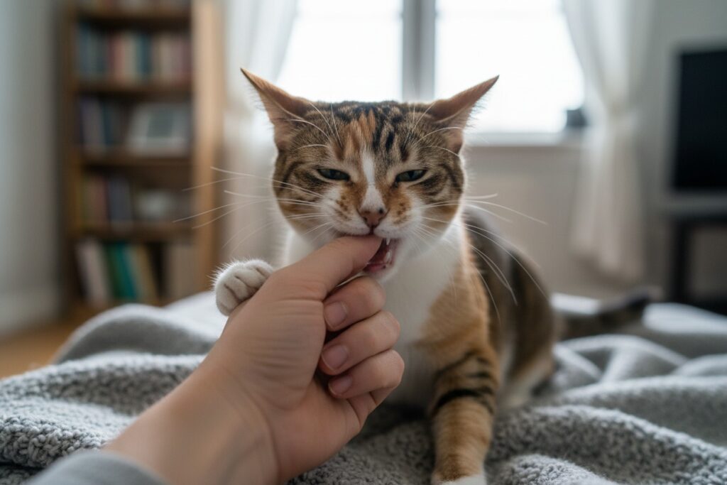Un chat tigré et blanc mordille doucement le doigt d'une personne sur un lit.
