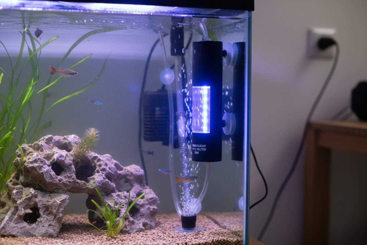 Un filtre d'aquarium noir avec une lumière LED bleue est fixé à la paroi d'un aquarium contenant des poissons, des plantes et des rochers.