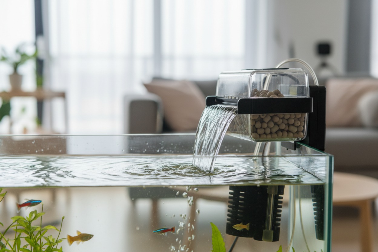 Un filtre suspendu pour aquarium crée une cascade d'eau dans un bac contenant des petits poissons et des plantes aquatiques.