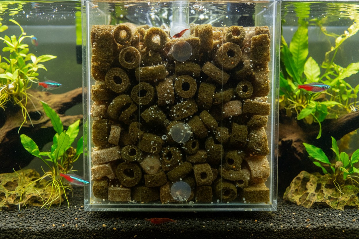 Filtre d'aquarium rempli de masses filtrantes en mousse entouré de plantes aquatiques et de petits poissons néons.