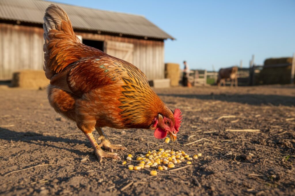 Une poule rousse picore des grains de maïs sur le sol d'une ferme avec une grange en arrière-plan.