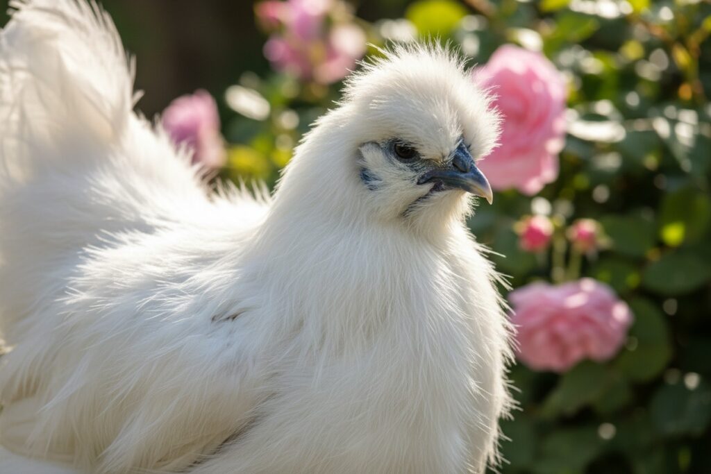 Une poule soie blanche se tient devant un buisson de roses roses.