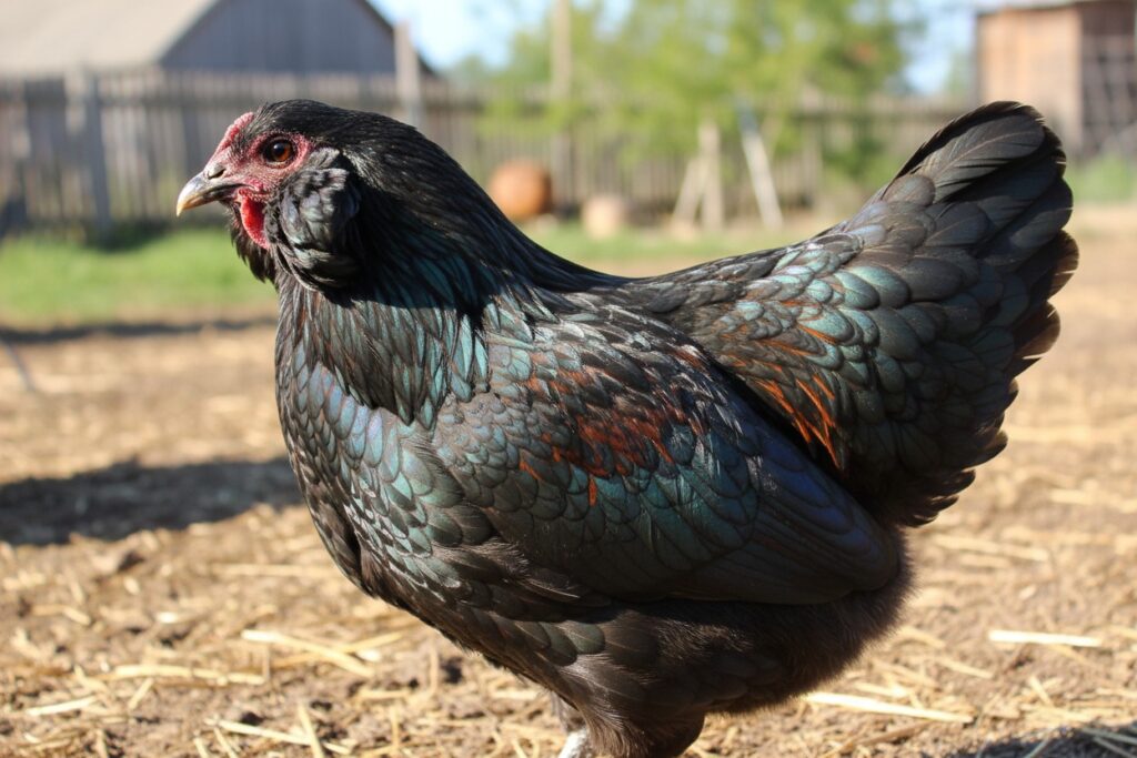 Une poule au plumage noir aux reflets irisés se tient dans une cour de ferme.