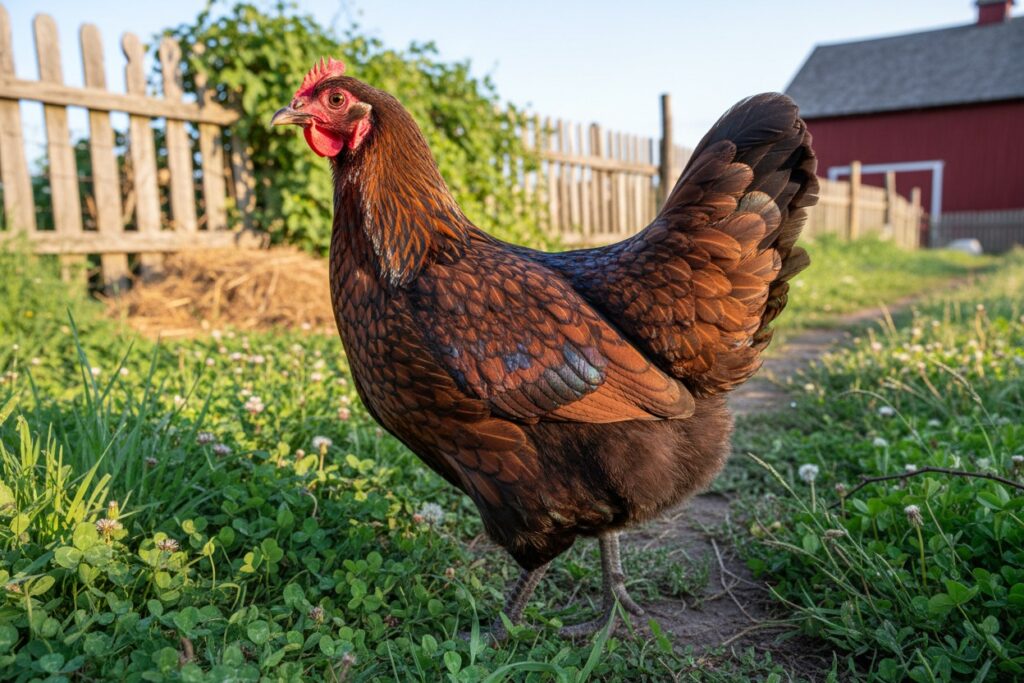 Une poule au plumage brun et noir se tient dans un jardin devant une clôture en bois et une grange rouge.