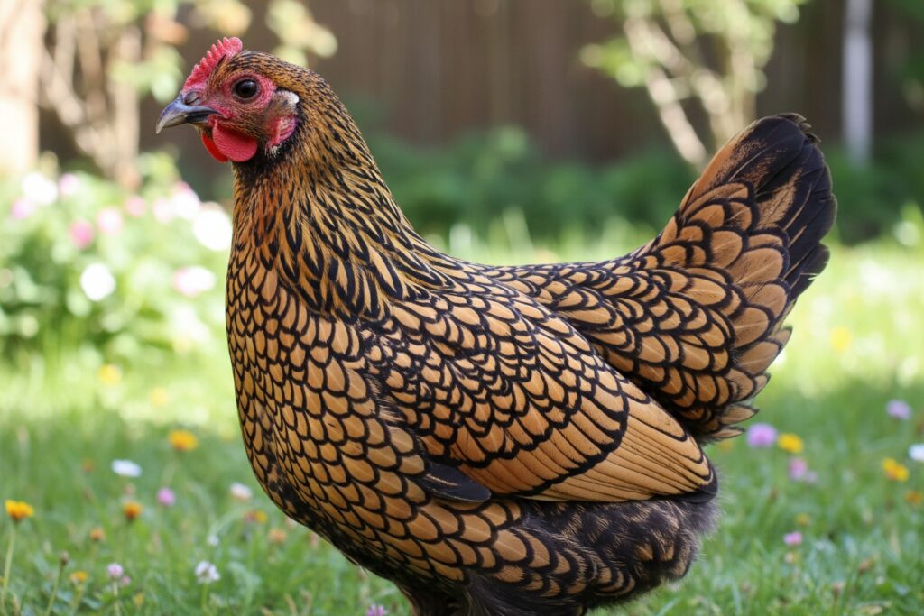 Une poule naine de race Sebright au plumage doré et noir se tient dans un jardin fleuri.