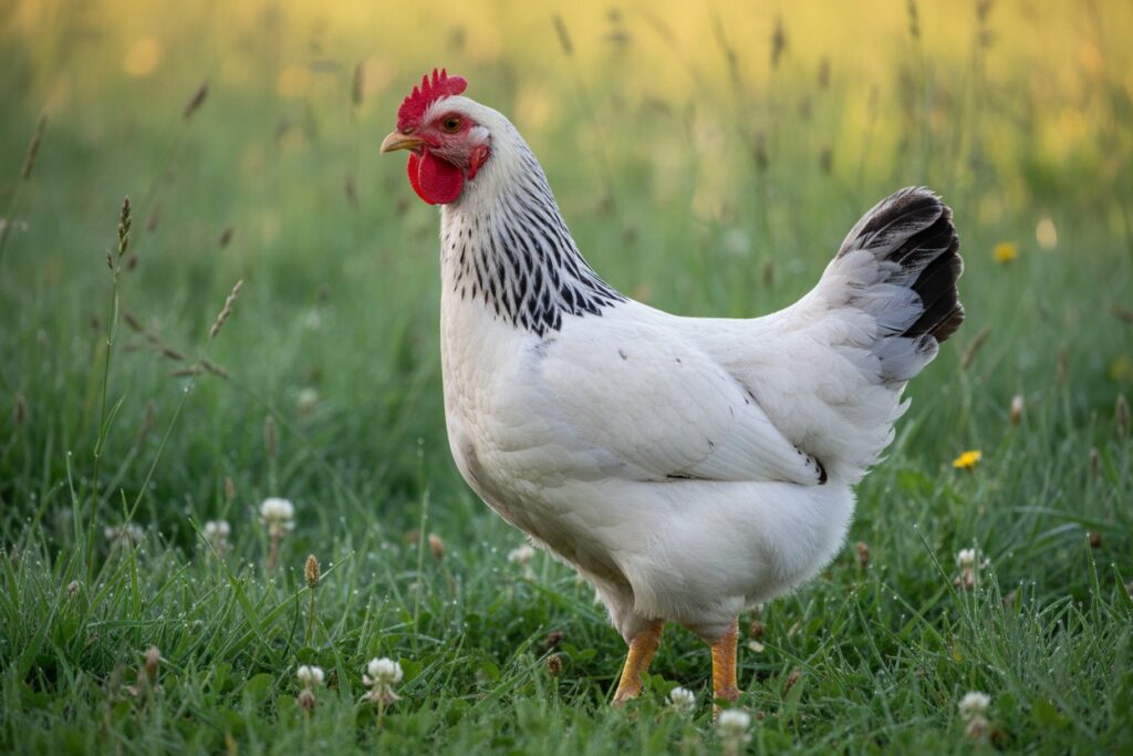 Une poule au plumage blanc et noir se tient debout dans un pré d'herbe verte.