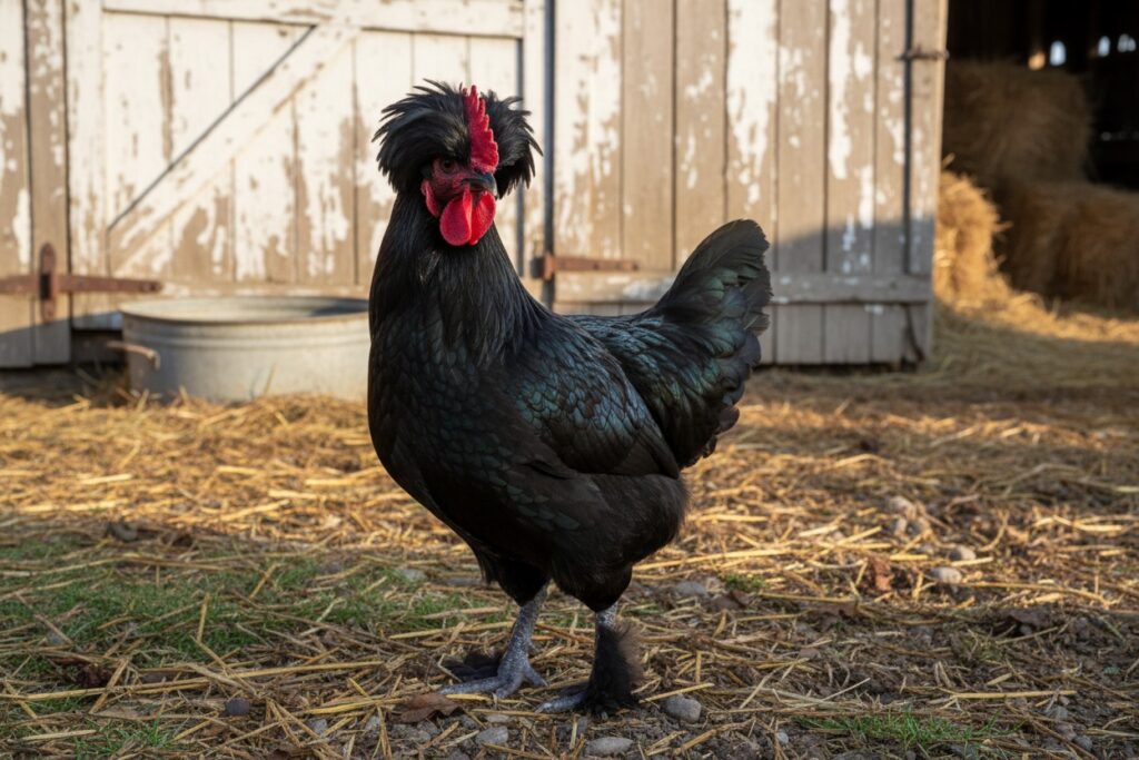 Un coq noir à huppe se tient debout sur un sol couvert de paille devant une grange en bois.