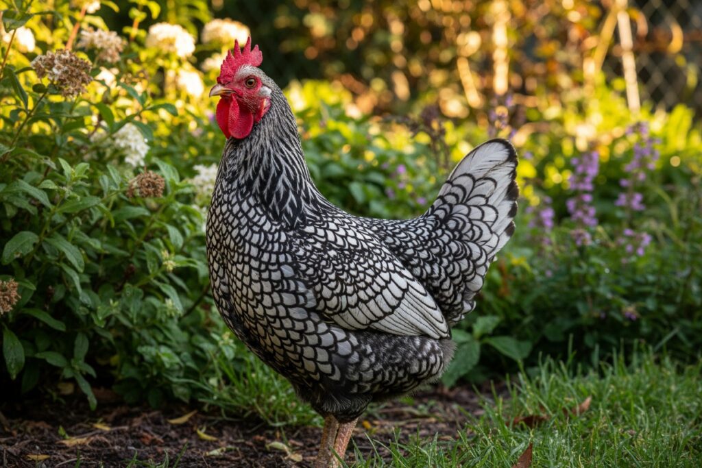 Une poule au plumage noir et blanc à motifs dentelés se tient dans un jardin fleuri.