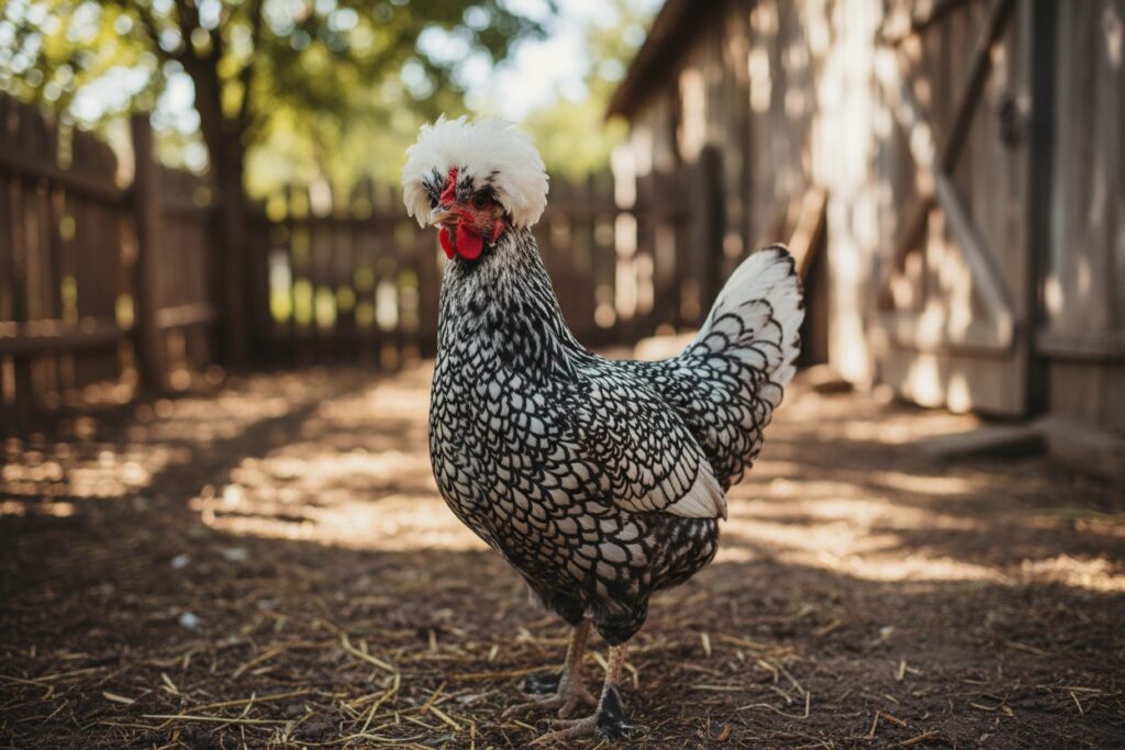 Une poule au plumage noir et blanc avec une huppe blanche se tient dans une basse-cour ensoleillée.