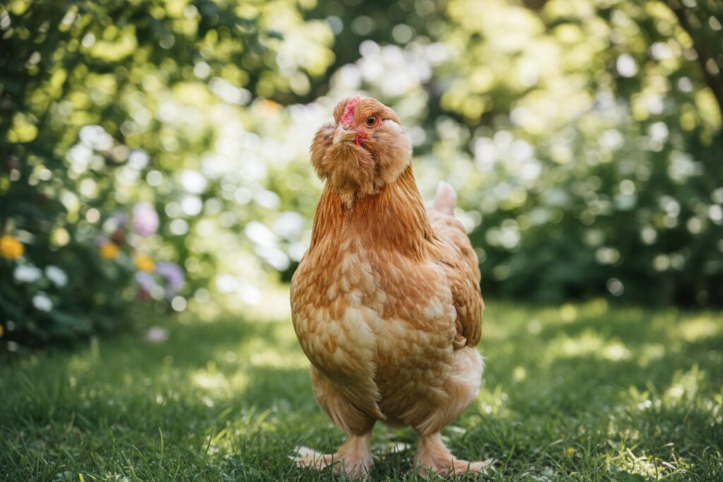 Une poule rousse se tient debout sur une pelouse verdoyante dans un jardin ensoleillé.