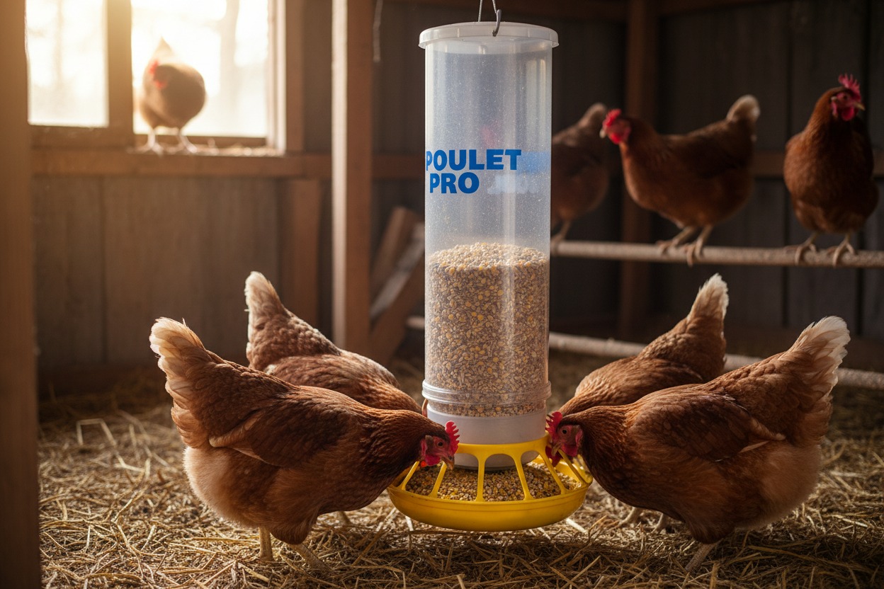 Des poules rousses mangent des graines dans une mangeoire cylindrique suspendue portant l'inscription « POULET PRO » à l'intérieur d'un poulailler.