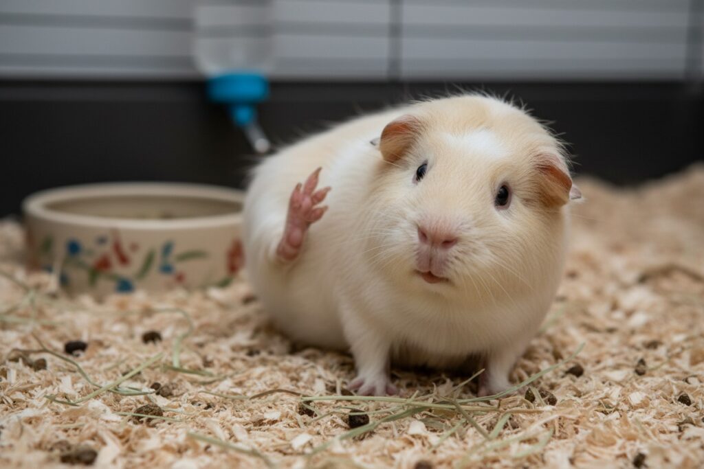 Un cochon d'Inde blanc et beige lève une patte avant dans sa cage remplie de copeaux de bois.