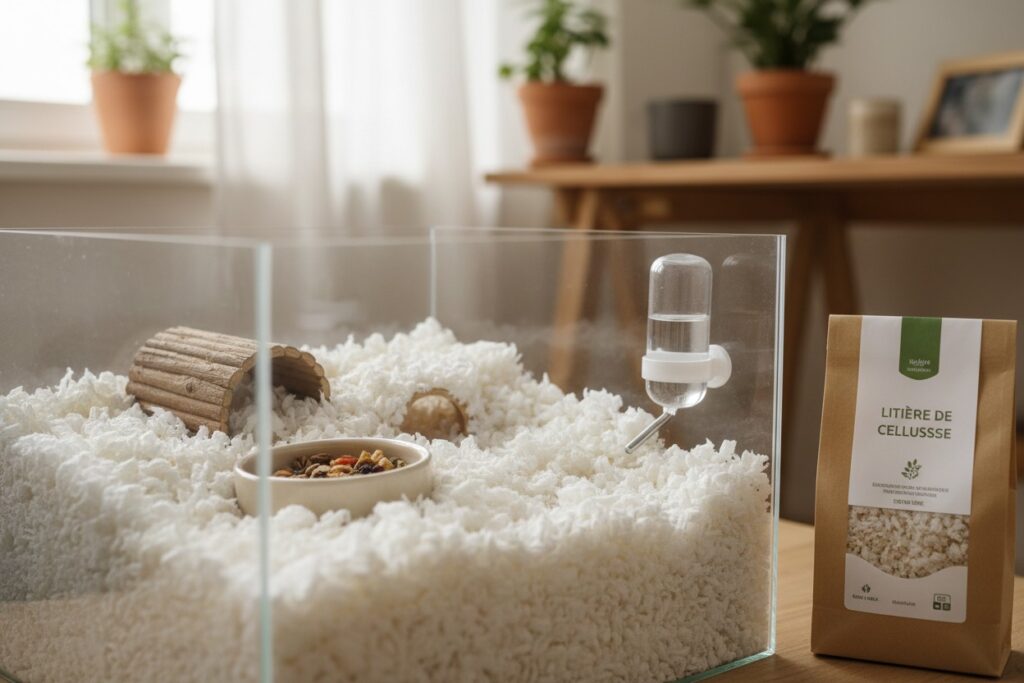 Un terrarium en verre rempli de litière blanche pour petit animal avec une gamelle de nourriture, une cachette en bois, un biberon d'eau et un paquet de litière à côté.