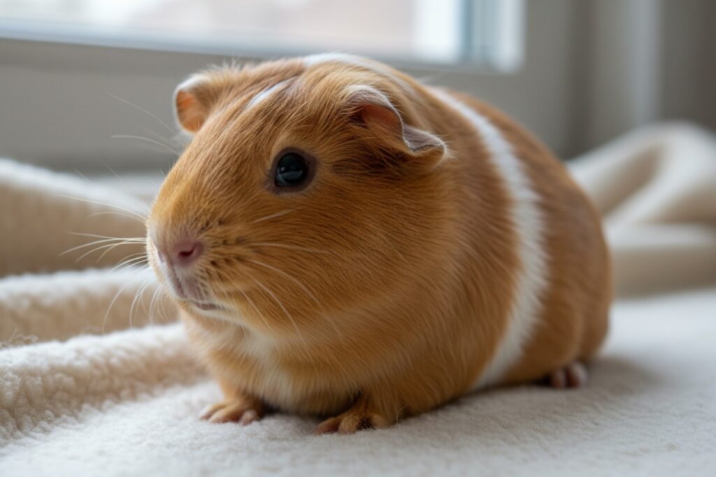 Un cochon d'Inde roux et blanc est assis sur une couverture duveteuse claire.