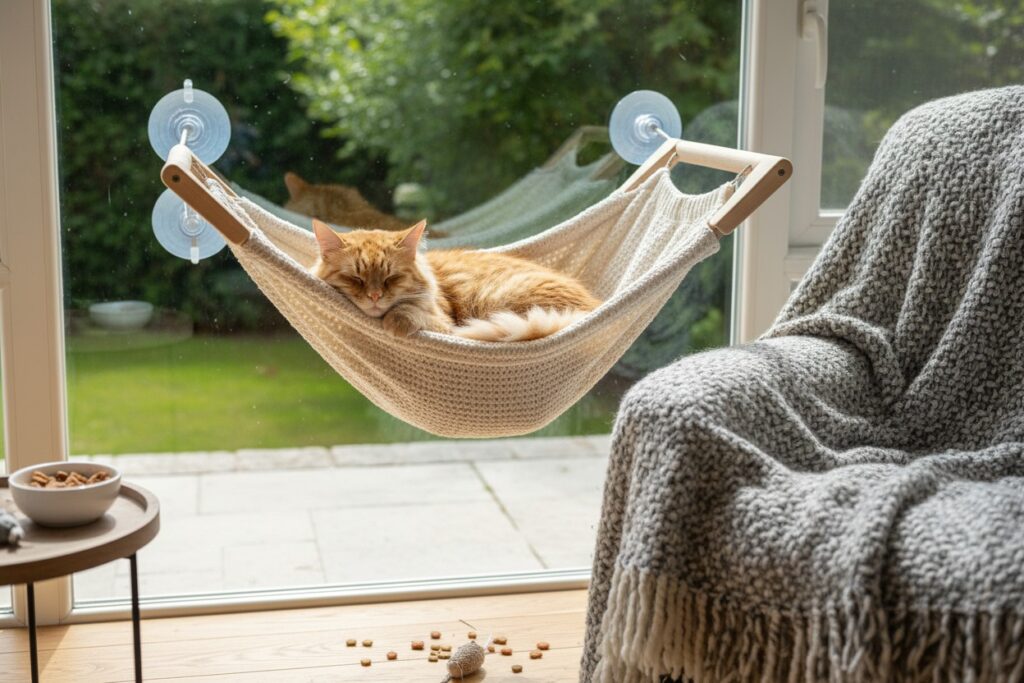 Un chat roux dort paisiblement dans un hamac suspendu par des ventouses à une grande baie vitrée.
