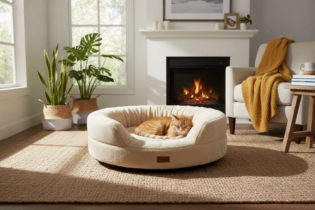 Un chat roux dort paisiblement dans un panier moelleux et beige posé sur un tapis en jonc de mer dans un salon lumineux.